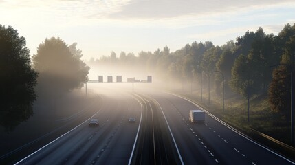 Obraz premium A traffic-free motorway on a misty morning, with faint visibility creating a serene and calm atmosphere.