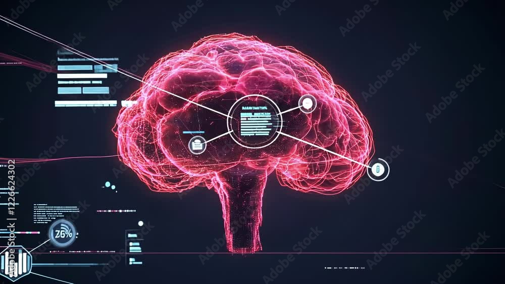 Poster digital brain is processing data, symbolizing machine learning, artificial intelligence, and the pow