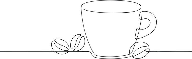 Obraz premium Continuous One Line Art Drawing Illustration Of A Coffee Cup And Coffee Beans In Editable Stroke On Isolated White Background