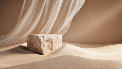 A beautifully curated setting featuring a textured stone pedestal, flowing sheer fabric, and a warm, earthy color palette, creating an elegant and serene aesthetic perfect for luxury product photograp