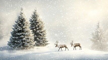 Winter Reindeer Pair Snowy Forest Christmas Card