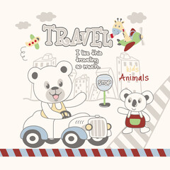 Cute bear and little friend traveling by car. Fun adventure concept for children.
