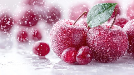 Sugared cherries, water droplets, close-up, food photography, recipe website