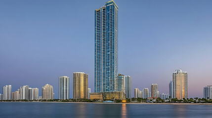 Naklejka premium Stunning twilight view of a modern skyscraper and surrounding high-rises along a tranquil waterfront.