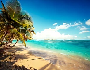 Naklejka premium Beach with palm trees, ocean view, summer 3D background illustration concept 