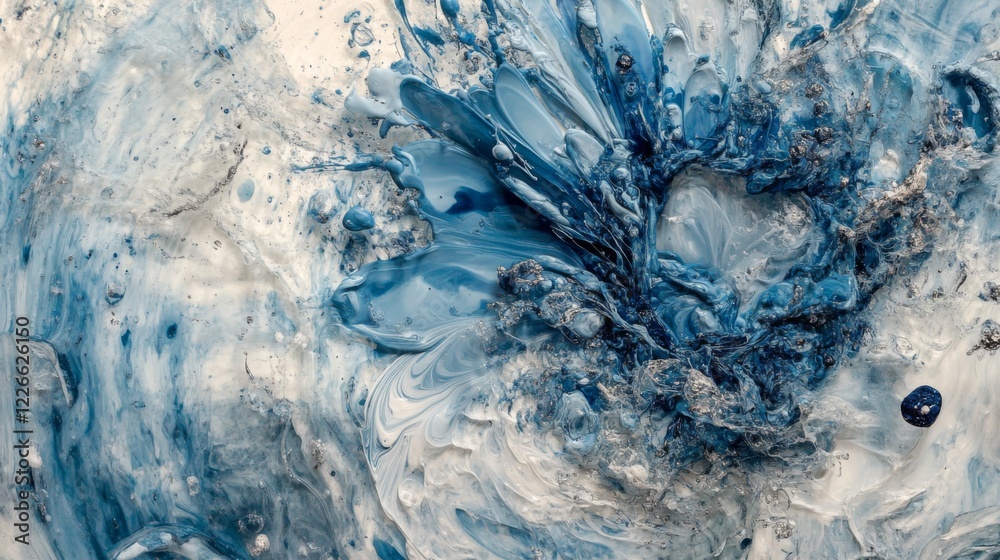 Fototapete blue ink dropping into clear water, creating swirling patterns and abstract shapes