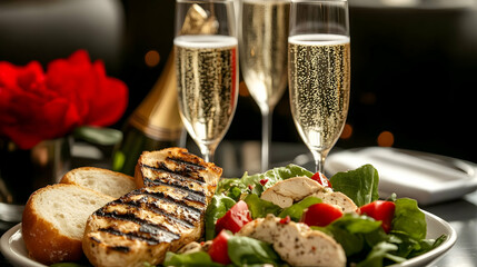 Romantic Valentine lunch scene with grilled chicken salad, fresh bread and champagne flutes in a chic luxury hotel restaurant