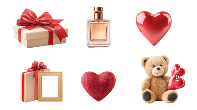 Collection of  Valentine's Day icons. chocolate, gifts, wine, candles, ribbons, heart icons, greeting letters, flower bouquets, rings, dolls, gift boxes, love arrows, love bird. transparent background