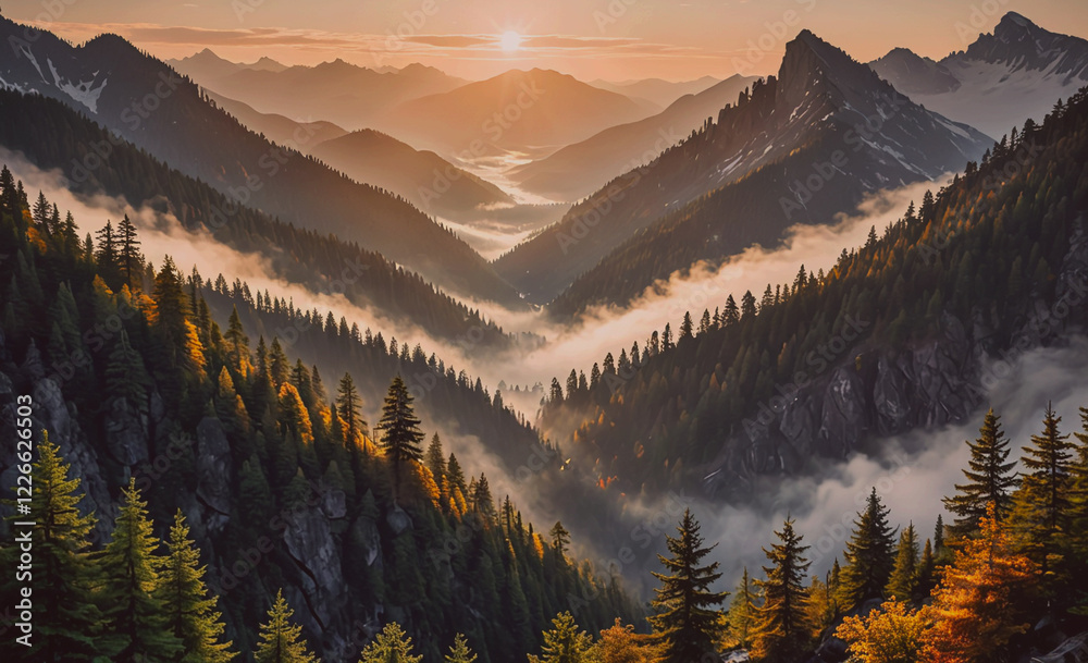Aufkleber a mountain range with a sun shining on it. the sun is in the sky and the mountains are covered in tr