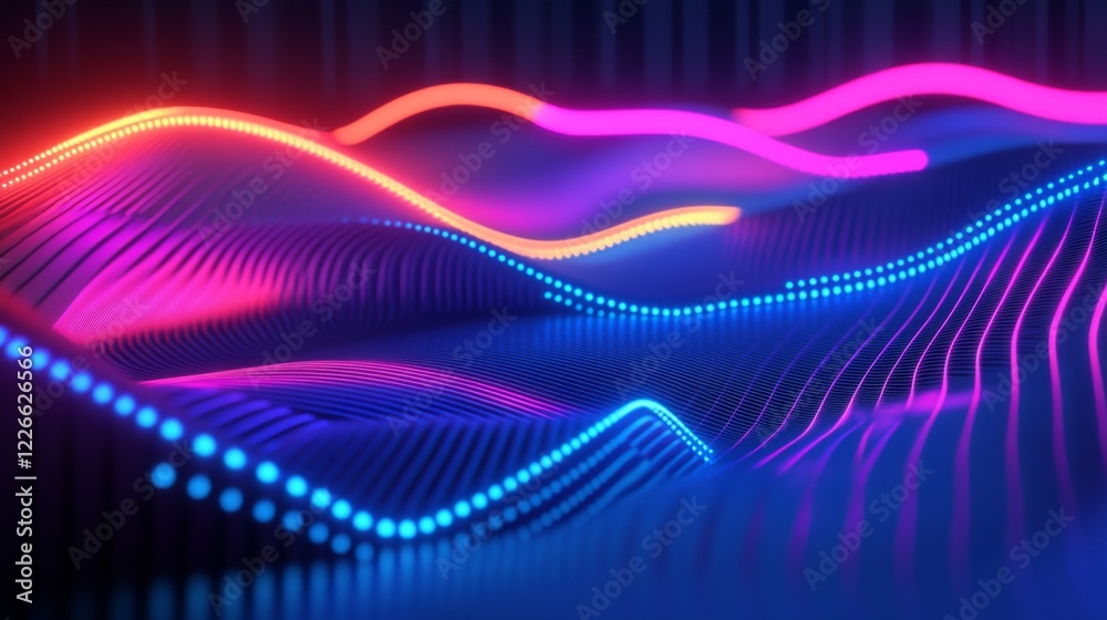 Poster Close-up of a D line graph with rising curves, each axis highlighted in neon colors, representing trends and market data visualization in a high-tech style.