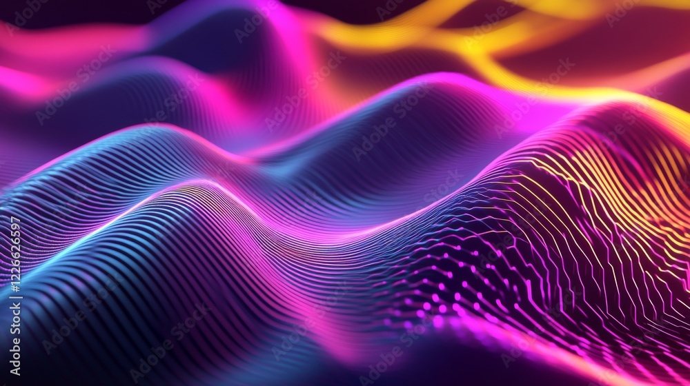 Poster Close-up of a D line graph with rising curves, each axis highlighted in neon colors, representing trends and market data visualization in a high-tech style.