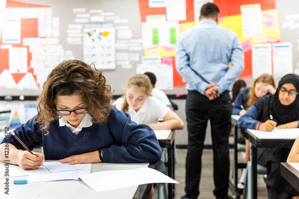 Poster focused students in a classroom writing and taking an exam. diverse students in uniforms taking exam