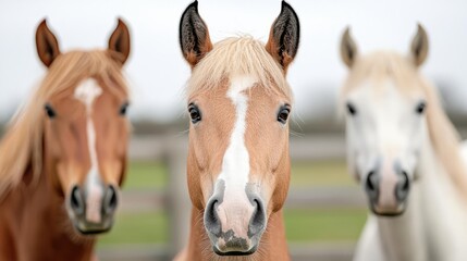 Naklejka premium Three horses in pasture, facing camera, rural background, for equestrian website