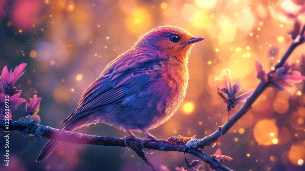Poster Close-up of a bird with detailed feather patterns, perched on a branch, with a background of softly glowing lights adding depth and a magical feel to the scene.