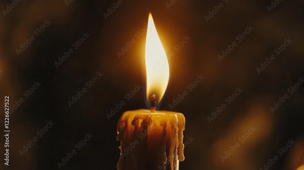 Poster close-up of a candle flame flickering softly in the dark, casting a warm, golden glow and creating a
