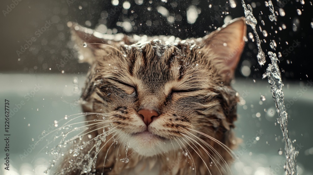 Poster close-up of a cat enjoying a bath, with water droplets on its fur and a content expression, showing 