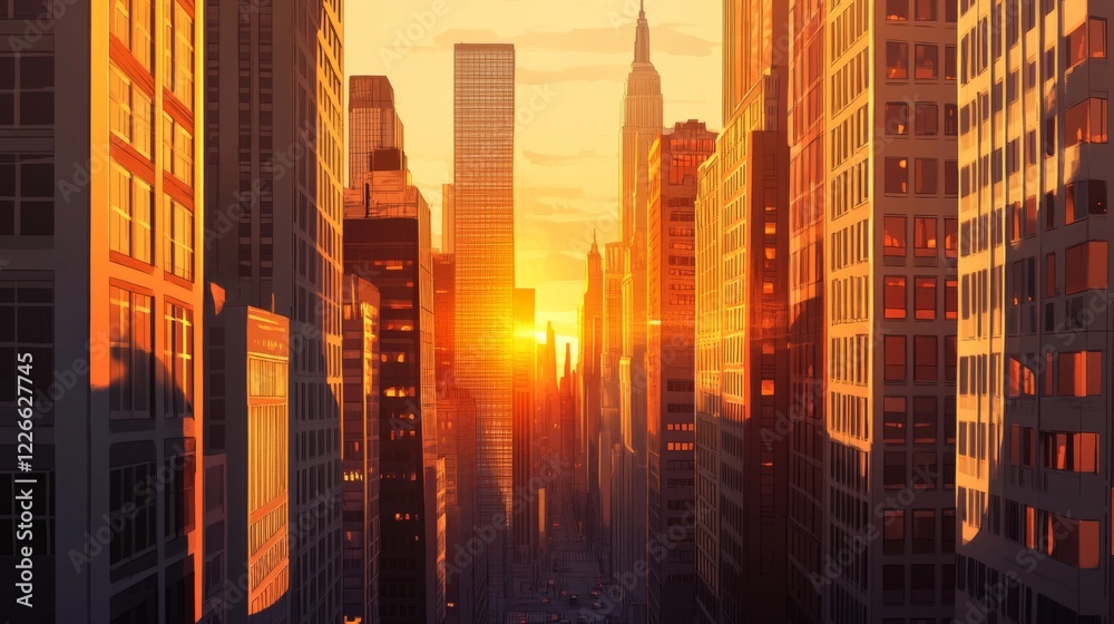 Poster close-up of a city skyline with the sun setting between tall buildings, capturing the interplay of l