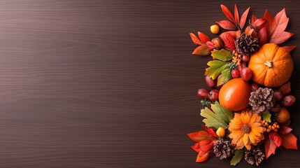 Autumn harvest fruits, leaves, and pumpkins on wood; Thanksgiving background