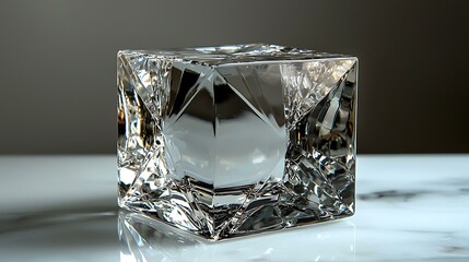 Crystal cube award with etched text placeholder on a reflective white surface and clear sharp focus