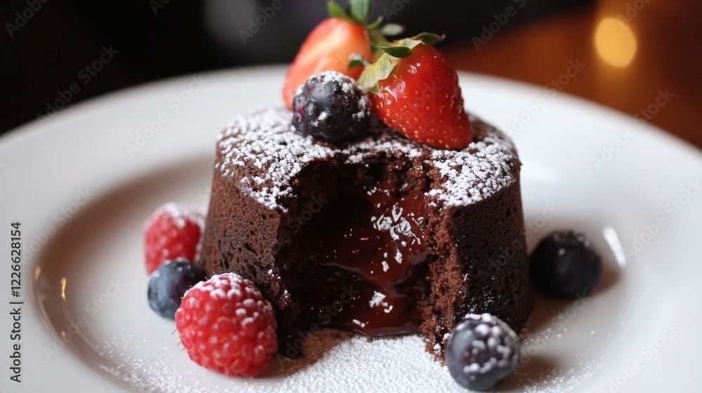 Poster close-up of a decadent chocolate lava cake with a gooey center, garnished with fresh berries and a d