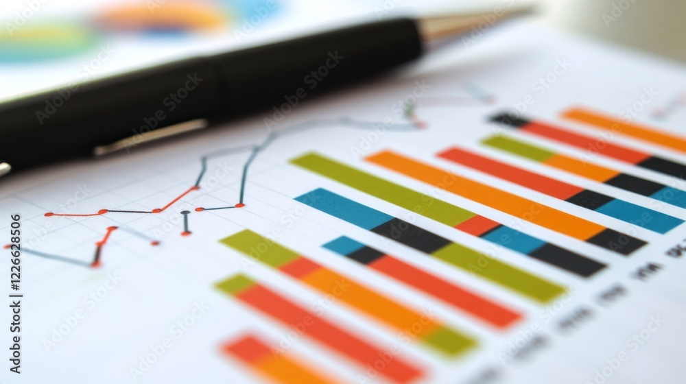 Fototapete Close-up of a financial graph with a focus on positive growth trends and key performance indicators, set against a backdrop of a bustling business environment.