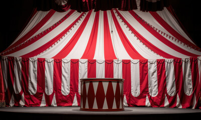 vibrant vintage circus tent with red and white stripes, featuring decorative drum in front, evokes sense of nostalgia and excitement