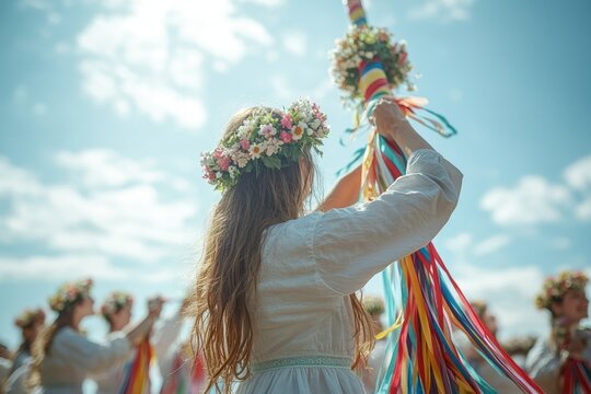A traditional Maypole dance during a village May Day festival, with participants in flower crowns weaving colorful ribbons under a bright spring sky, copy space background