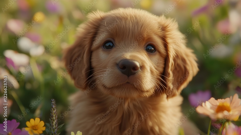 Poster close-up of a fluffy puppy with a tiny nose and bright eyes, sitting in a field of flowers, enhancin