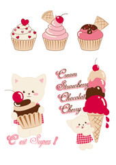 Cute Cartoon Cat with Cupcakes and Chocolate – Baby Design