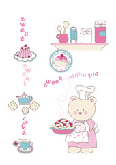 Cartoon Cat with Tea Cup and Cupcakes – Baby Girl Design