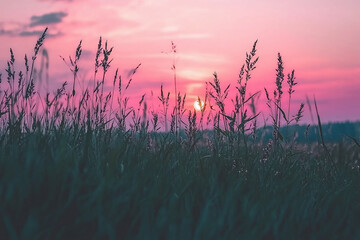 Obraz premium Serene sunset over a grassy field with vibrant colors illuminating the sky and horizon