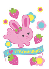 A cute, pink bunny holding a strawberry and surrounded by colorful flowers, ideal for baby products, nursery decor, and playful children’s illustrations.