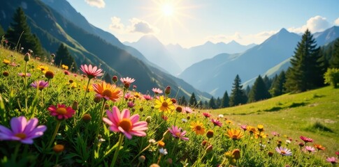 Fototapeta premium Sun-drenched Alpine meadow, wildflowers in bloom, sunlight, bloom