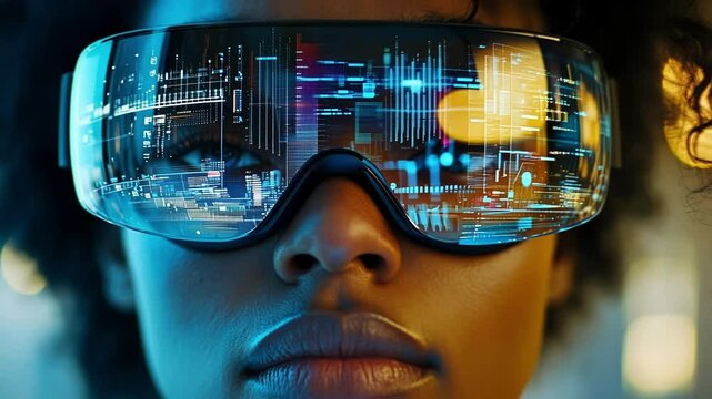 Black female engineer analyzing holographic data with augmented reality glasses in a futuristic manufacturing plant, leveraging advanced technology for enhanced productivity