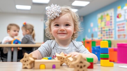 Toddler playing with blocks in daycare classroom