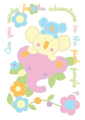 Adorable cartoon koala surrounded by pastel flowers with soft, playful colors. Perfect for baby designs, nursery decor, and children’s greeting cards.