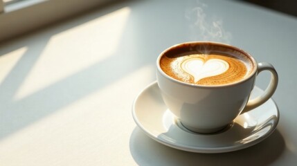 Aromatic Steam Rising from a Heart-Shaped Latte in Morning Sunlight on a White Table