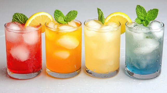 Colorful iced drinks with lemon and mint, refreshing summer beverages