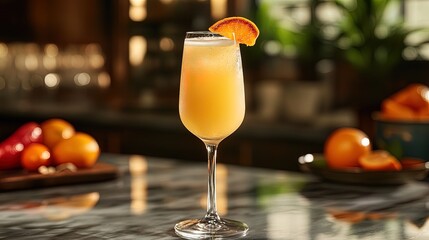 Fancy mimosa in a champagne flute with orange slice garnish, brunch setting