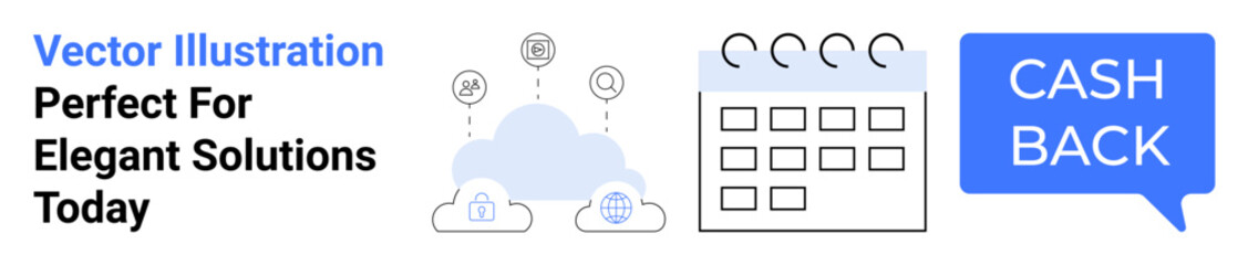 Fototapeta premium Cloud storage with icons, calendar with rings, speech bubble saying cashback. Ideal for technology, planning, rewards, business, cloud storage finance promotions. Modern flat landing page banner