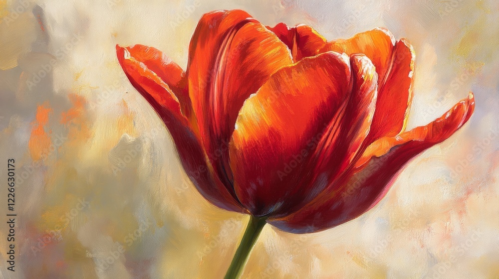 Poster Close-up of a red tulip with soft light shining through its petals, showing texture and detail