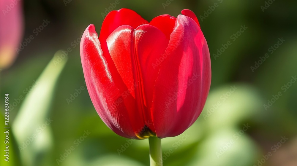 Poster Close-up of a red tulip with soft light shining through its petals, showing texture and detail