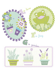 Green Frog in Garden with Fence and Pots  Cute Nature Scene Vector
