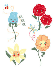 Fototapeta premium Cute Talking Flowers with Faces Whimsical Garden Character Vector 