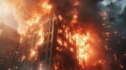 Close-up of a raging fire consuming a building, with bright flames and thick smoke, capturing the intensity and destructive power of the blaze.