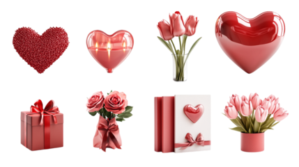 Collection of  Valentine's Day icons. chocolate, gifts, wine, candles, ribbons, heart icons, greeting letters, flower bouquets, rings, dolls, gift boxes, love arrows, love bird. transparent background