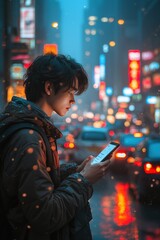 Obraz premium Young person checking phone in vibrant city street during rainy evening hours