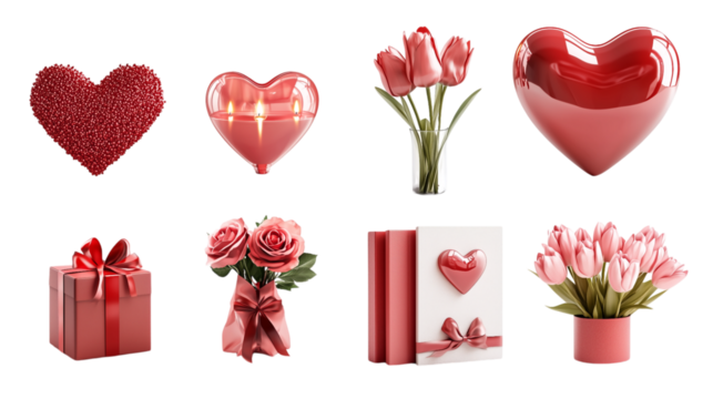 Collection of  Valentine's Day icons. chocolate, gifts, wine, candles, ribbons, heart icons, greeting letters, flower bouquets, rings, dolls, gift boxes, love arrows, love bird. transparent background - Powered by Adobe
