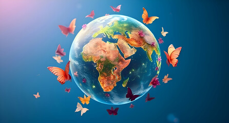 Naklejka premium A vibrant and whimsical illustration of the Earth surrounded by colorful butterflies, set against a gradient blue and pink sky.