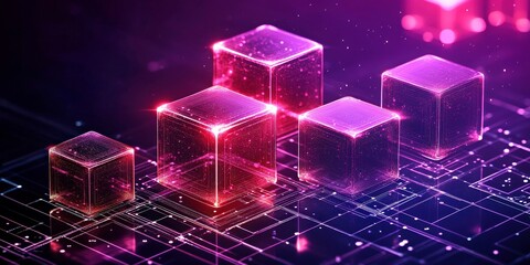 Futuristic neon blockchain cubes create a digital network. Bright cubes connect data in cyberspace. The abstract design with glowing light serves virtual technology concepts. Innovative and high